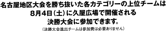 名古屋地区大会を勝ち抜いた各カテゴリーの上位チームは8月４日（土）に久屋広場で開催される決勝大会に参加できます。